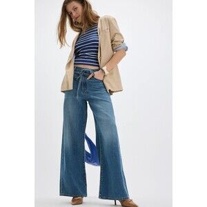 Levis Premium Womens XL Straight Linen Pants 27 Blue Mid Rise Baggy Loose Wide